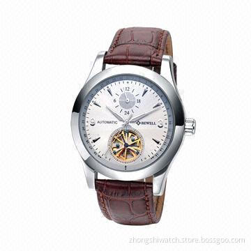 Automatic Moon Phase Mechanical Watch with Genuine Leather Band, 3ATM Water Resistance